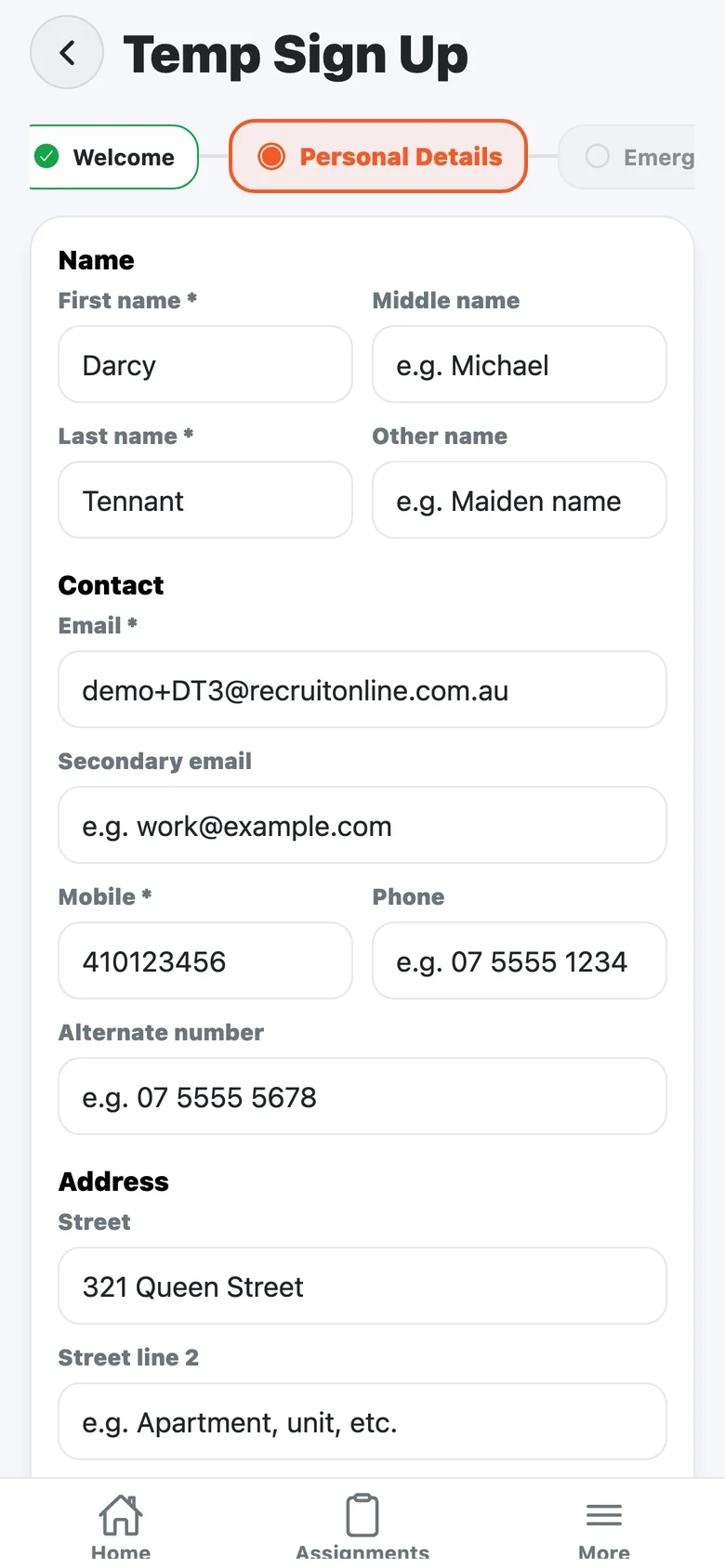Online registration in the candidate app: step rail from Welcome to Finish with the personal details form open