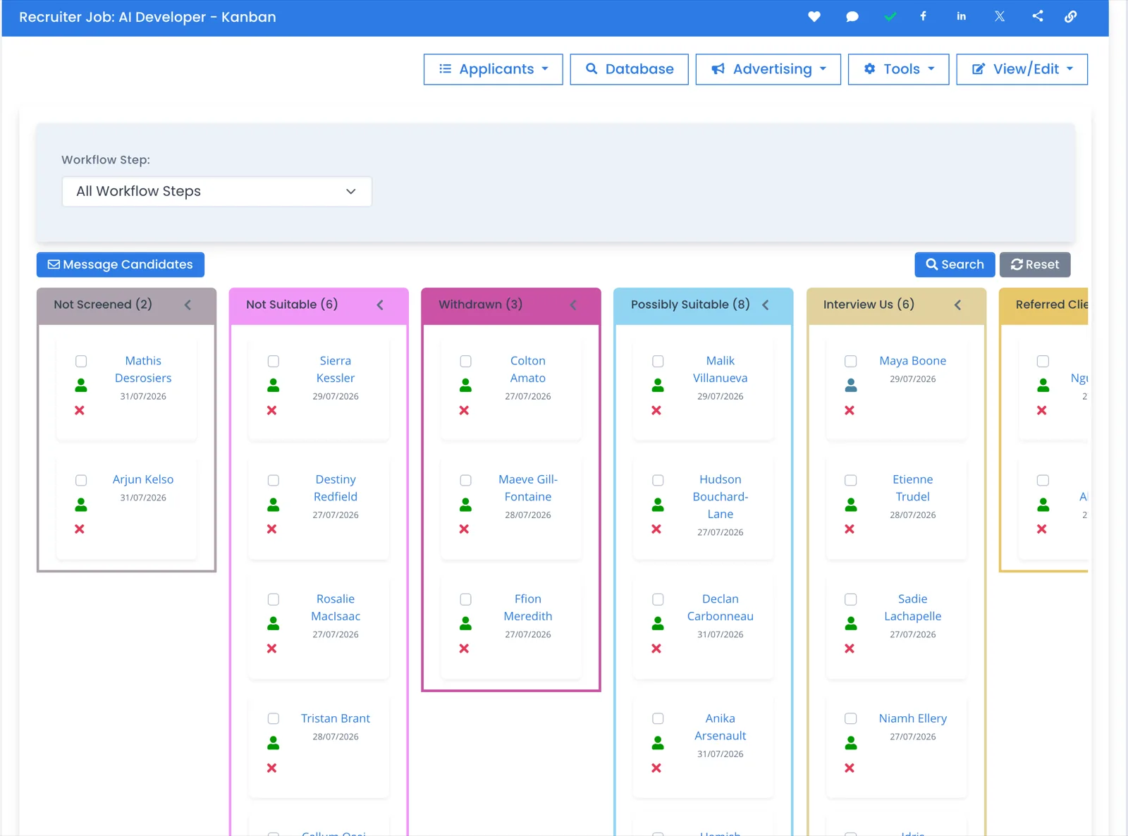The applicant Kanban board: candidates moving through screening, interview and referral stages