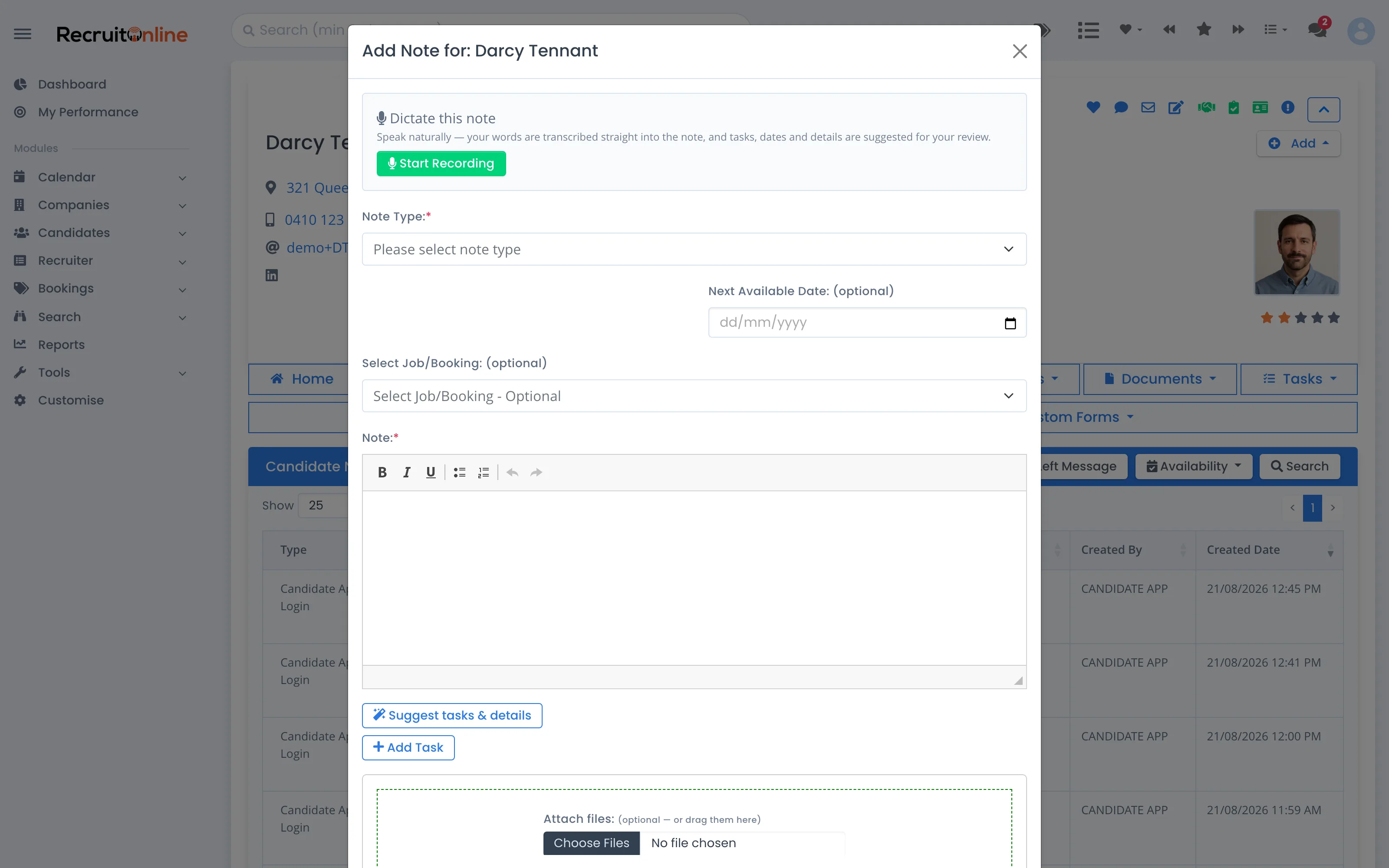 The add-note dialog with Dictate this note: speak naturally, words are transcribed into the note and tasks are suggested for review
