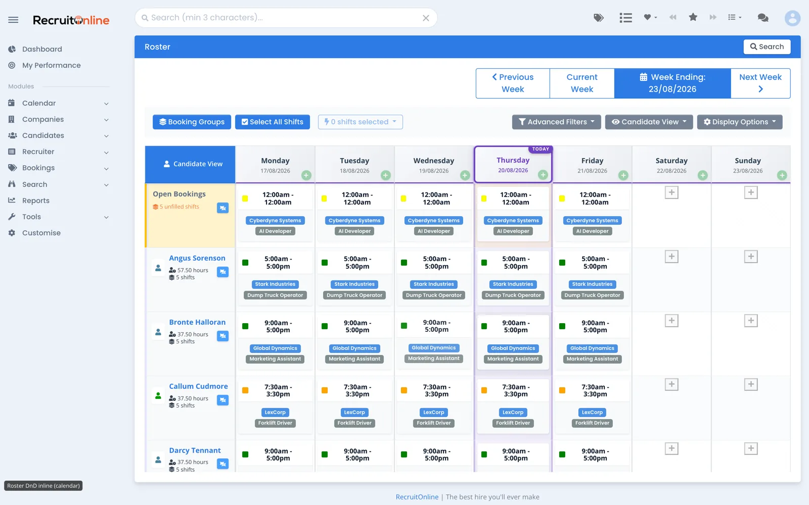 The RecruitOnline roster: a week of shifts across clients, with open bookings and candidate hours