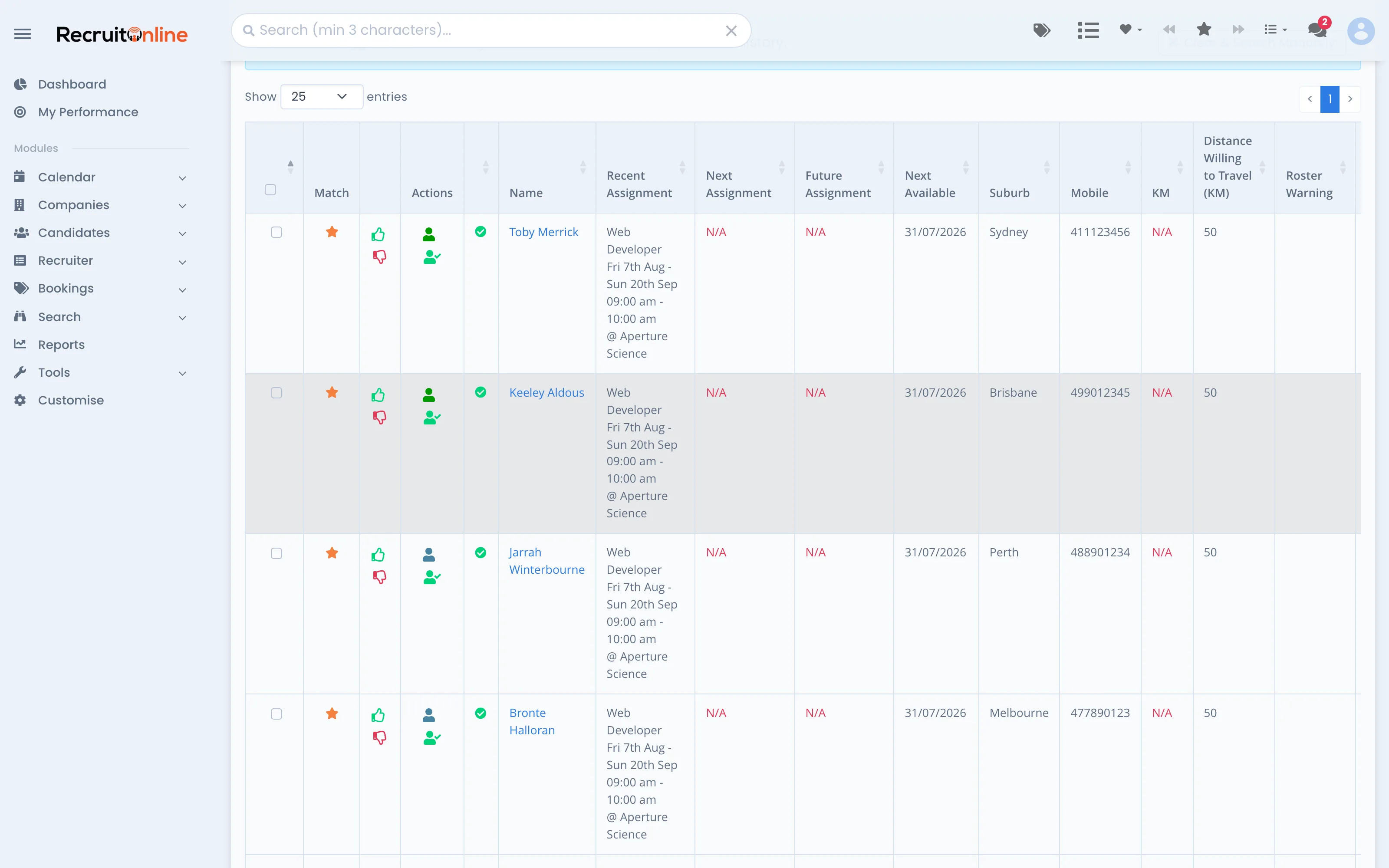Smart Suggestions on the Fill Booking screen: a ranked list of candidates based on placement history, with thumbs feedback on every suggestion